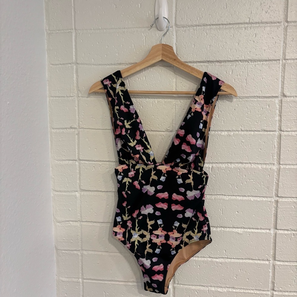 Black Floral Deep-V One-Piece Swimsuit